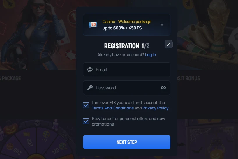 Aerobet Casino registration form step 1 with welcome package up to 600% + 450 FS